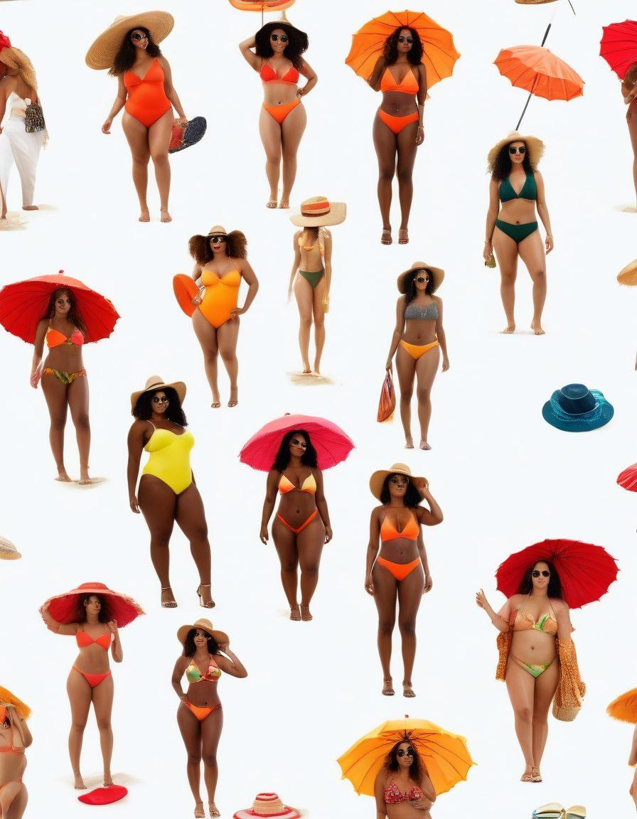 A sun-kissed beach scene showcasing diverse women of various body types, confidently wearing stylish and colorful swimwear. Include beach accessories like wide-brimmed hats and sunglasses, with playful waves in the background. Vibrant beach umbrellas and sandcastles add a lively summer vibe. The atmosphere exudes joy, confidence, and empowerment. super-realistic. vibrant colors. white background.