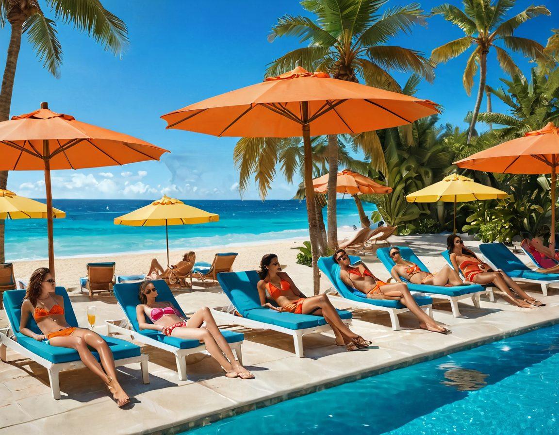 A vibrant, sun-soaked scene showcasing diverse individuals in stylish swimwear at a luxurious poolside transitioning to a beachfront. Include colorful beach umbrellas, palm trees, and sunbathers lounging with drinks. Capture the essence of summer relaxation, fashion, and fun with splashes of water and bright sunlight. super-realistic. vivid colors. summery atmosphere.